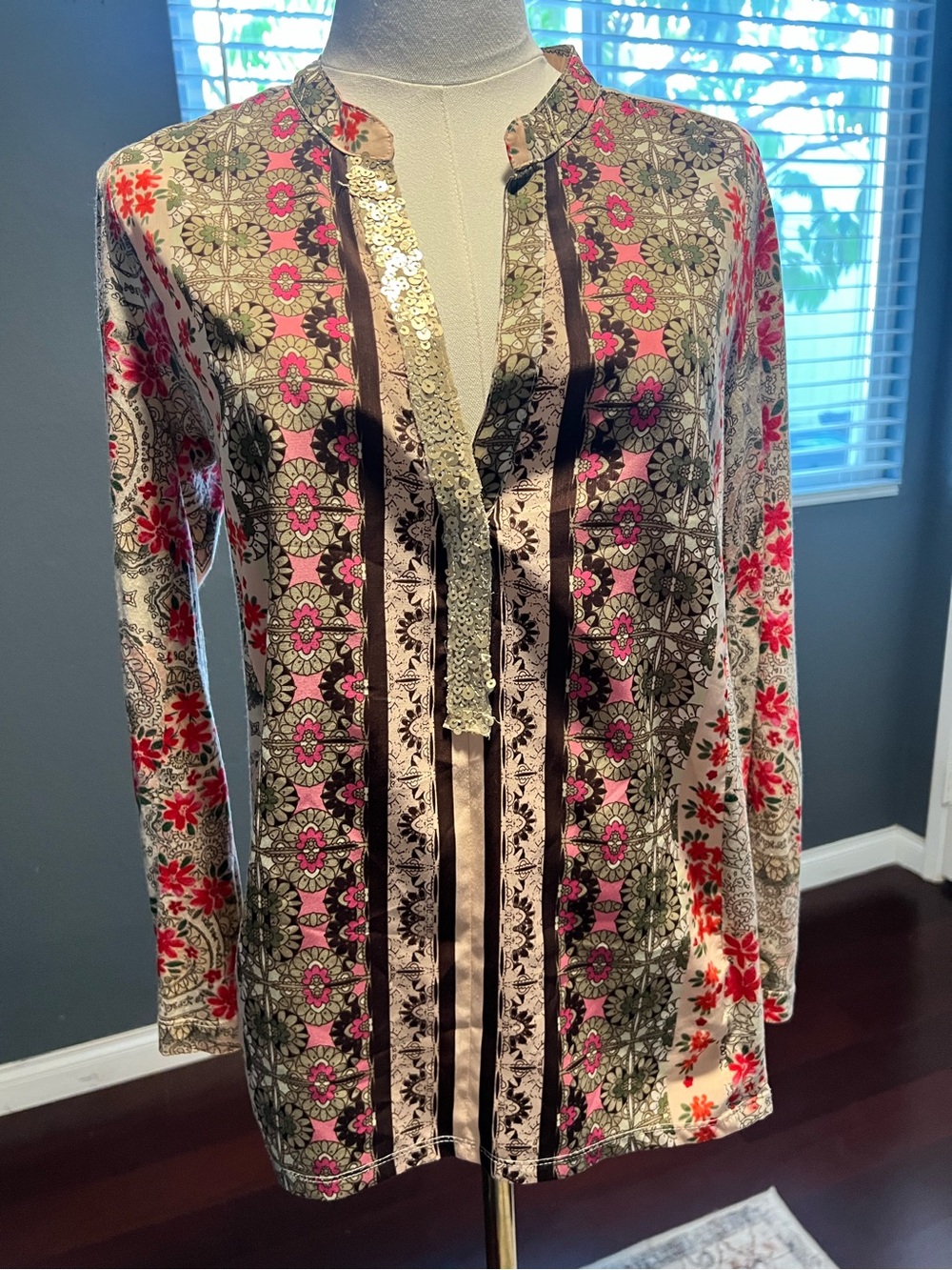 Anthropologie Brand Floral Print Long-Sleeve Tunic with Sequins - Size Small